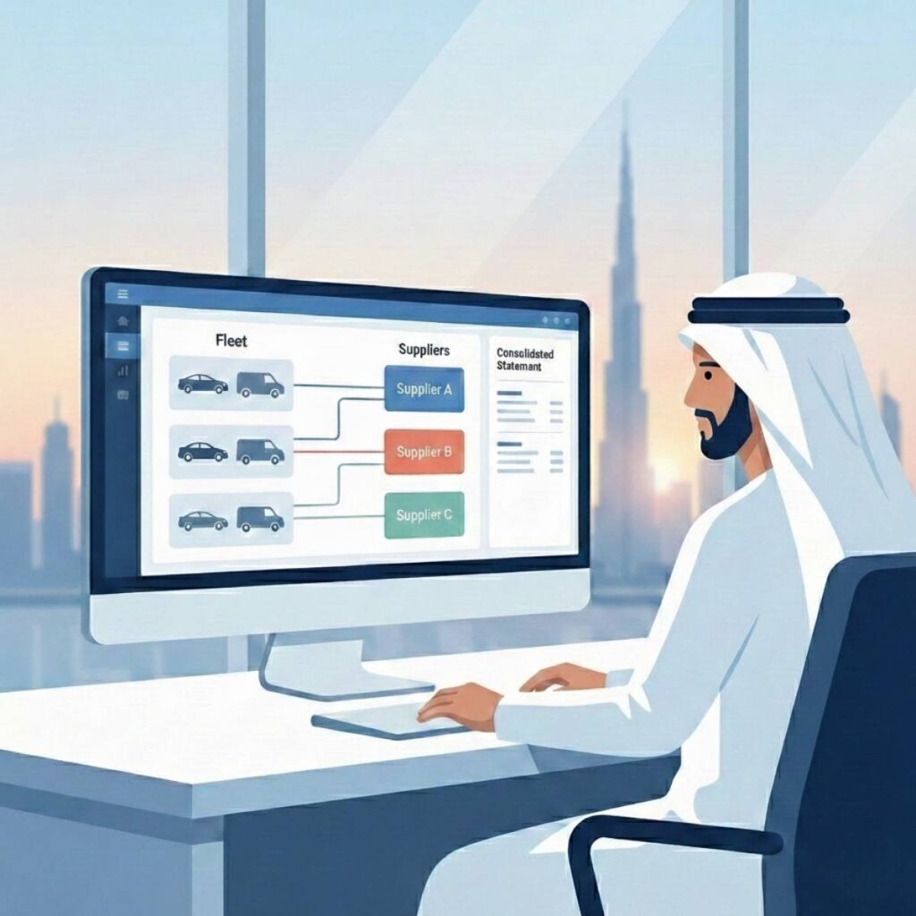 Illustration of a fleet manager viewing a dashboard that maps vehicles to multiple suppliers with a consolidated statement