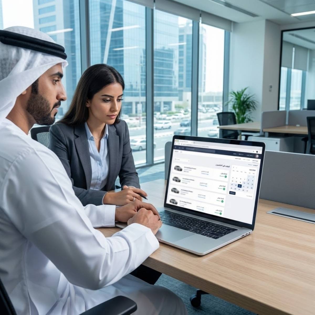 Team in UAE reviewing daily car rental bookings for business vehicles