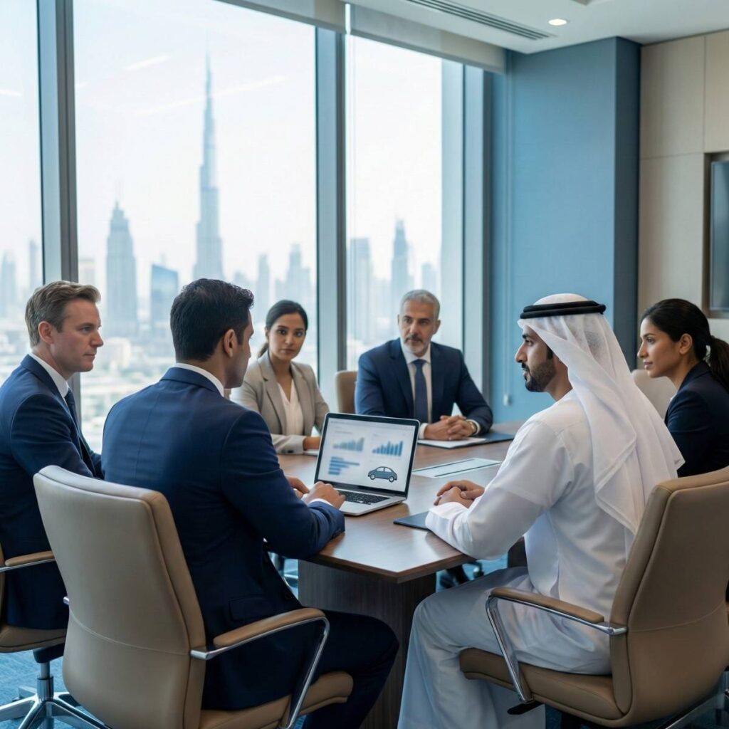 Board meeting executives sitting around conference table