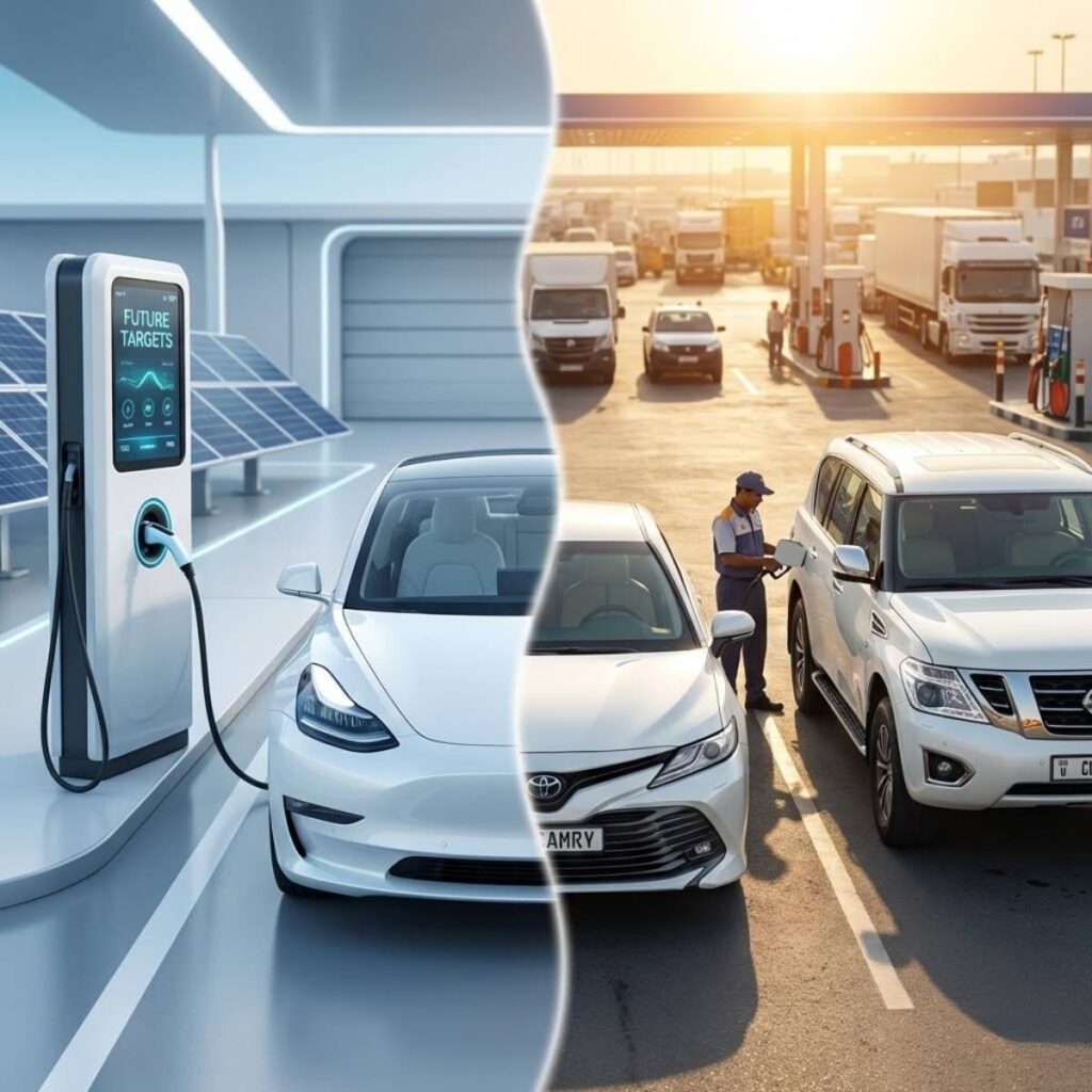 Electric and petrol cars parked together with a city skyline at sunset