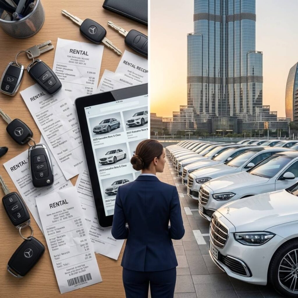 Hands holding phones and documents showing a car rental agreement