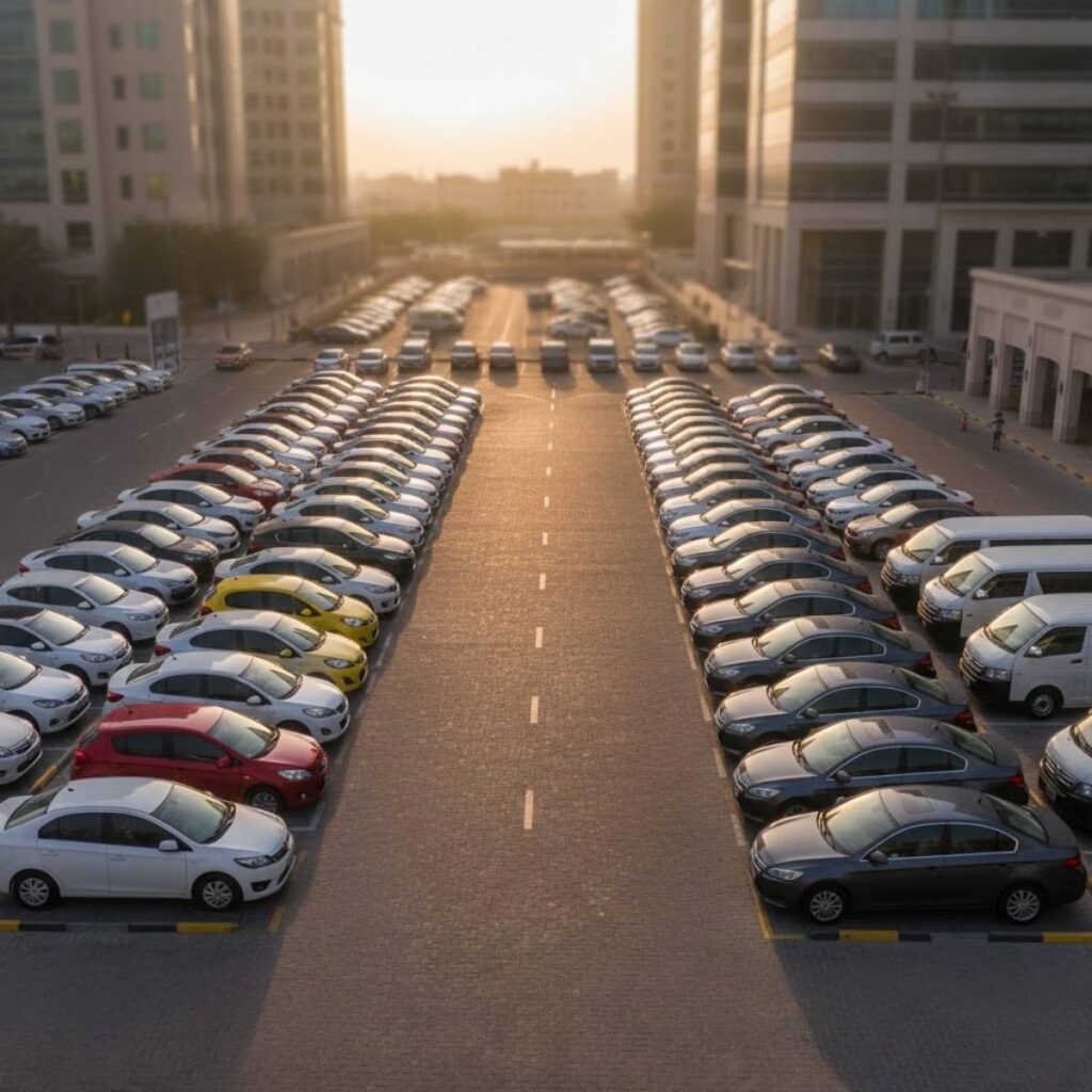 Aerial view of rows of white cars in a corporate parking lot