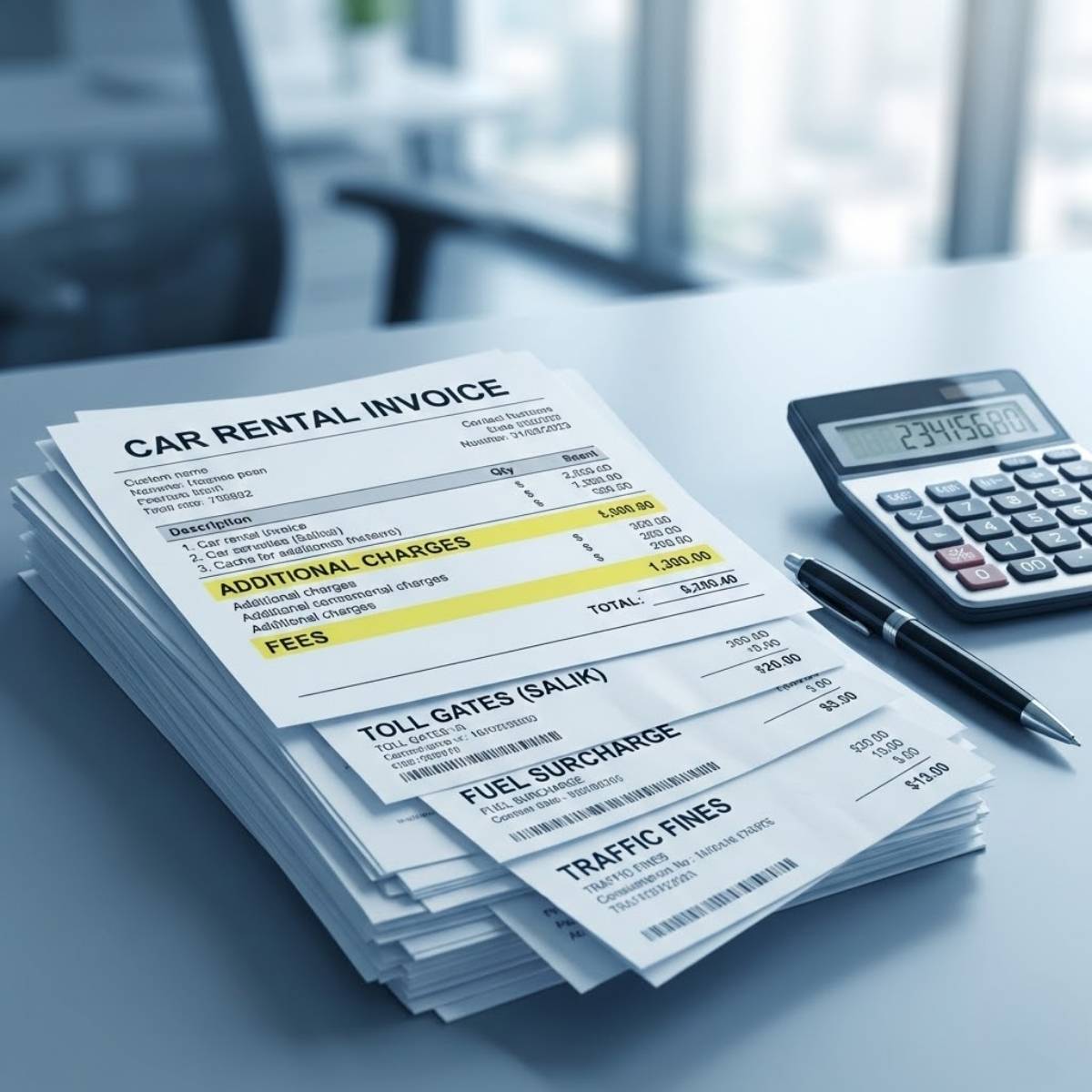 Stack of corporate car rental invoices and receipts for a UAE company, symbolising hidden costs