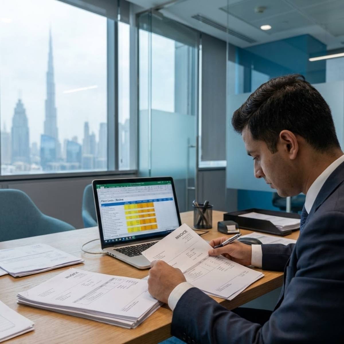 Illustration of a mixed corporate fleet combining leased vehicles and short-term rental cars in Dubai and Abu Dhabi