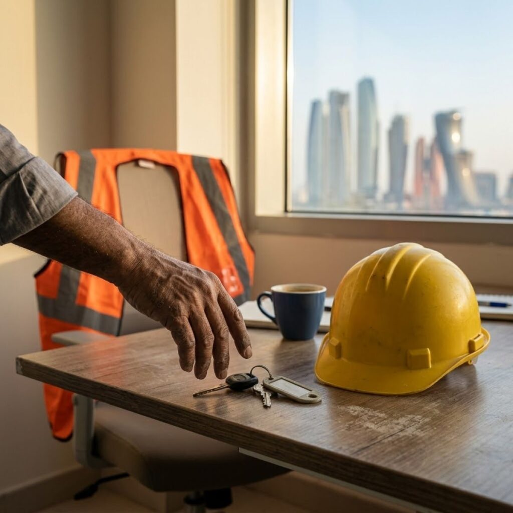 Car keys, hard hat, and coffee on a desk with Abu Dhabi skyline in the background