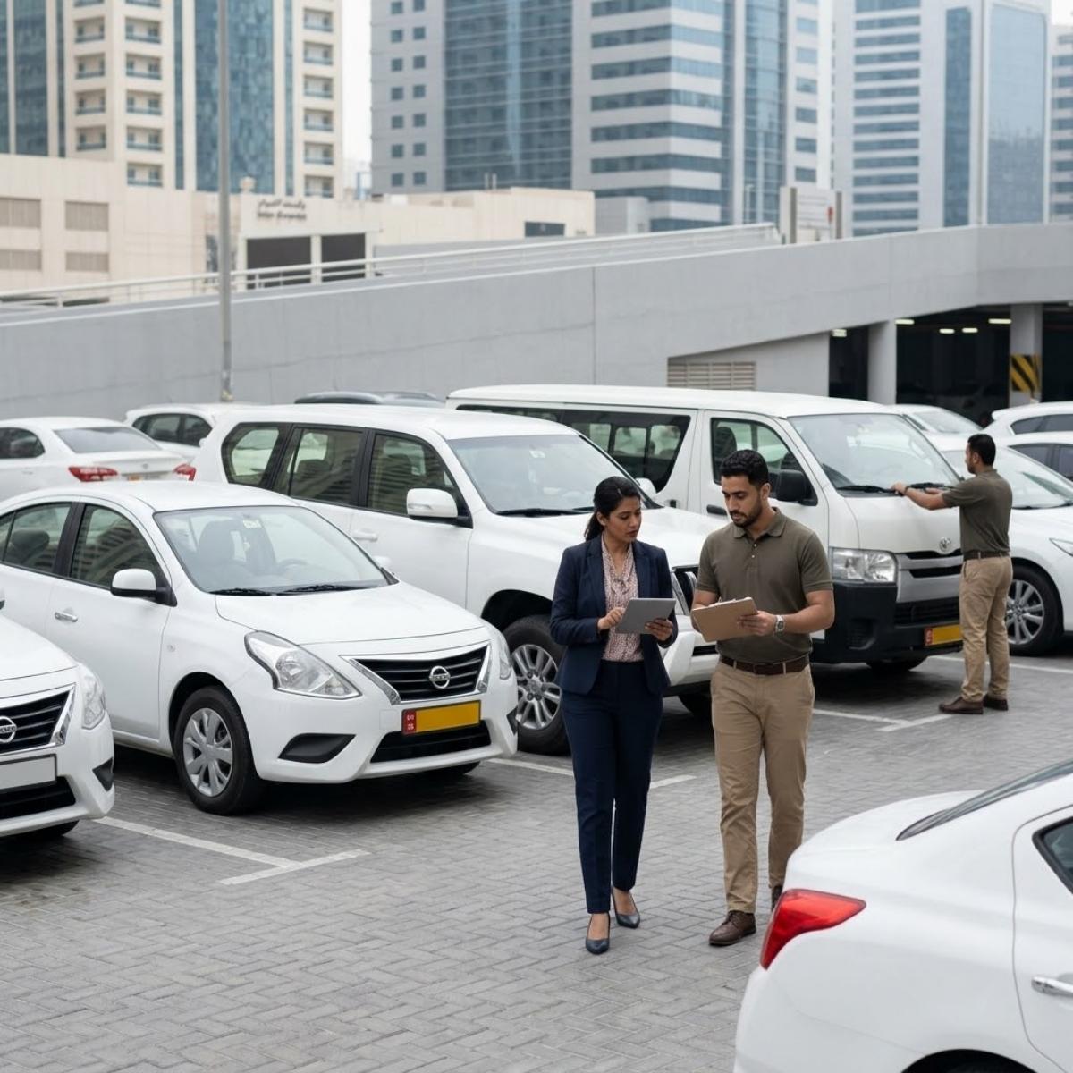 A candid photorealistic 1:1 editorial photograph of diverse UAE finance and procurement managers naturally reviewing fleet options on a tablet and clipboard, with multiple standard UAE white working fleet vehicles (generic sedan, Pajero SUV shape, Hiace van shape) receiving coordination in an Abu Dhabi business district in 2026.