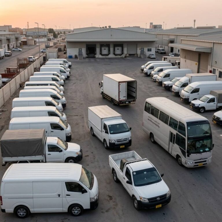 Commercial vehicles parked at an Abu Dhabi warehouse yard at dawn