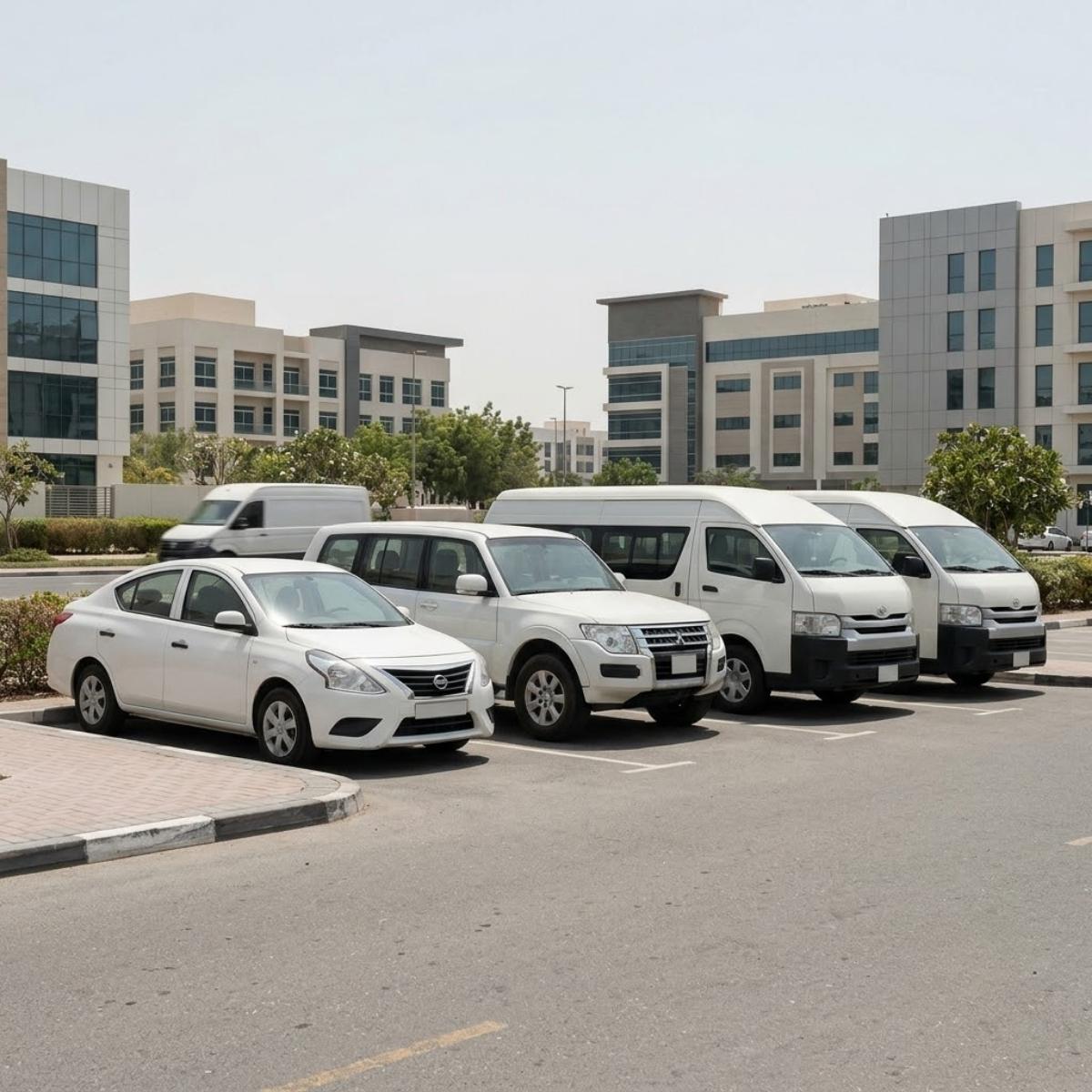 A photorealistic editorial 1:1 image showing a row of common UAE white working fleet vehicles—generic sedan, Mitsubishi Pajero SUV, and two Toyota Hiace vans—naturally parked in a professional business park setting in 2026, where license plates are obscured by composition, representing business vehicle fleets without people.