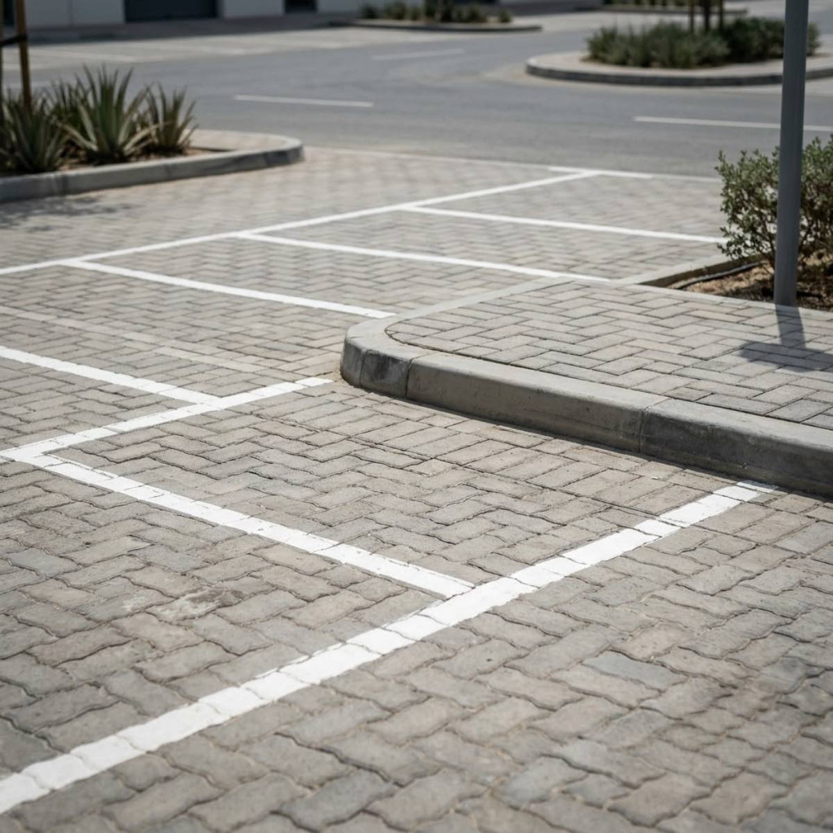 A candid photorealistic 1:1 editorial photograph, strictly devoid of people, vehicles, office settings, electronic devices, or text, focusing closely on complex interlocking utilitarian commercial ground markings and specialized parking infrastructure textures within a UAE industrial zone, representing highly organized fleet mobility strategies without assets or controllers.
