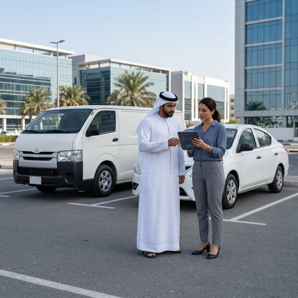 A candid 1:1 photorealistic editorial photo of a Levantine female professional and an Emirati manager discussing hybrid fleet operations next to standard white corporate vans and sedans in a UAE business park.