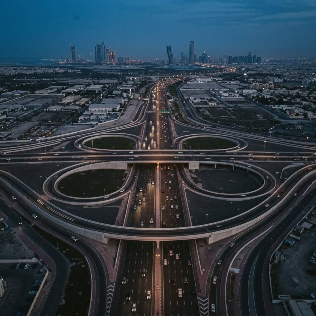 Abu Dhabi highway interchange with business vehicles at blue hour
