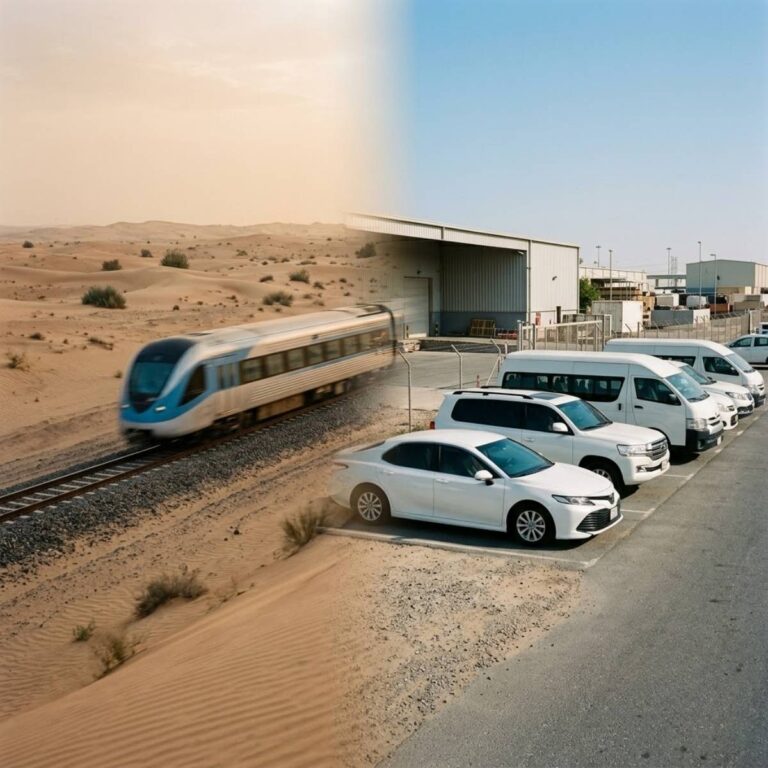 Etihad Rail train and corporate fleet vehicles representing UAE business transport options