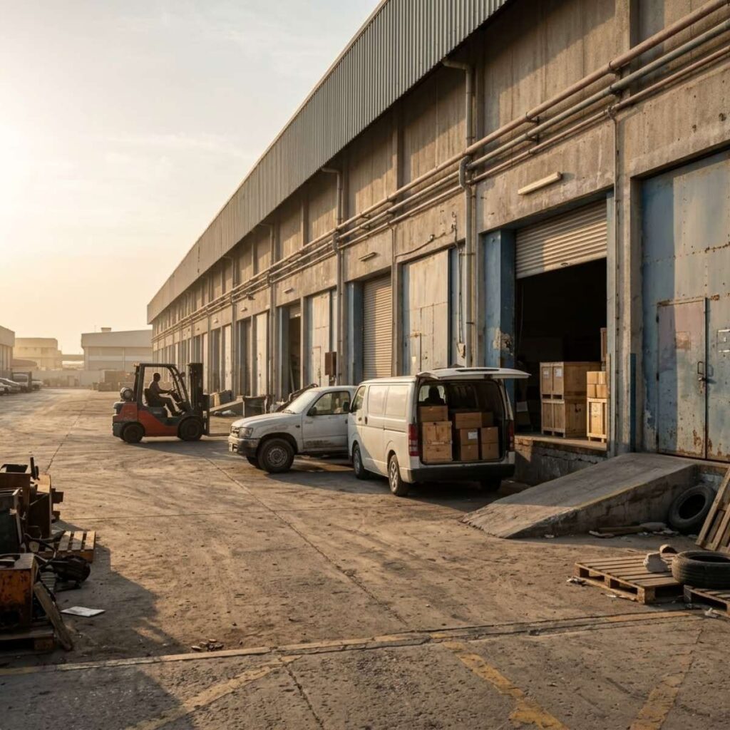 Pickup and van at Mussafah industrial zone loading bays in Abu Dhabi