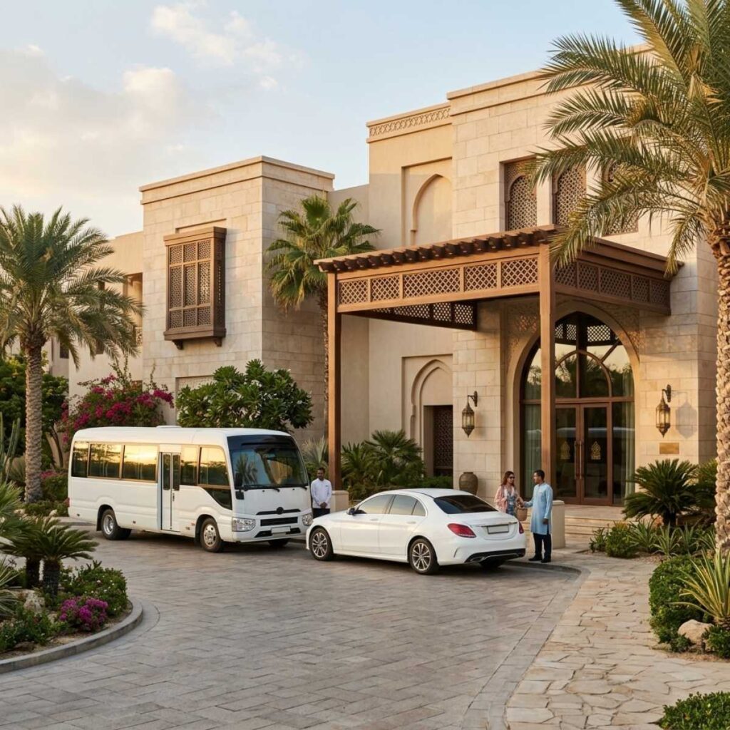 Hotel shuttle vehicles at an Abu Dhabi resort entrance